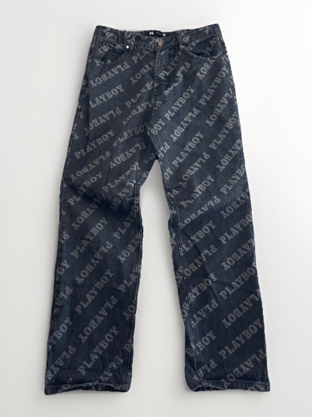 Playboy High Rise Jeans Spellout Logo AOP Dark Gray Y2K Size 5 Grunge Goth Alt